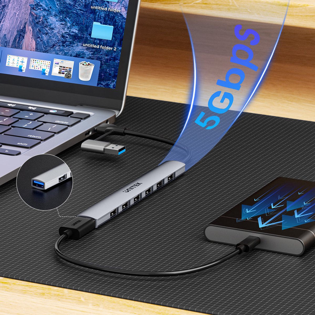 Unitek h1209agy01 interface hub usb t 3 orig - UNITEK H1209Agy01 Interface Hub USB Type-C 5000 USB-C USB-hub (grijs)