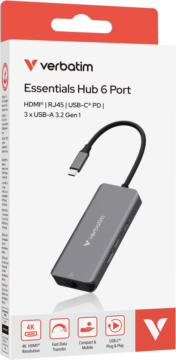 Verbatim hub adapter 3xusb a 3 2 4 orig - Verbatim Hub Adapter 3Xusb-A HDMI 3.2 RJ45 Voor Laptop USB-C USB-hub