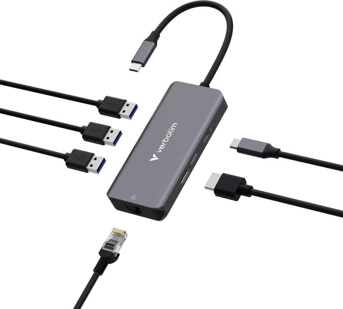 Verbatim hub adapter 3xusb a 3 2 5 orig - Verbatim Hub Adapter 3Xusb-A HDMI 3.2 RJ45 Voor Laptop USB-C USB-hub