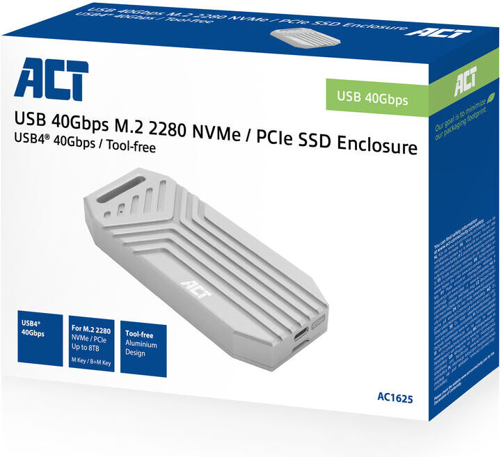 Act connectivity usb 40gbps m 2 2280 nvme 3 orig - ACT Connectivity USB M.2 2280 NVMe USB4 40Gbps Schijfbehuizing (grijs)