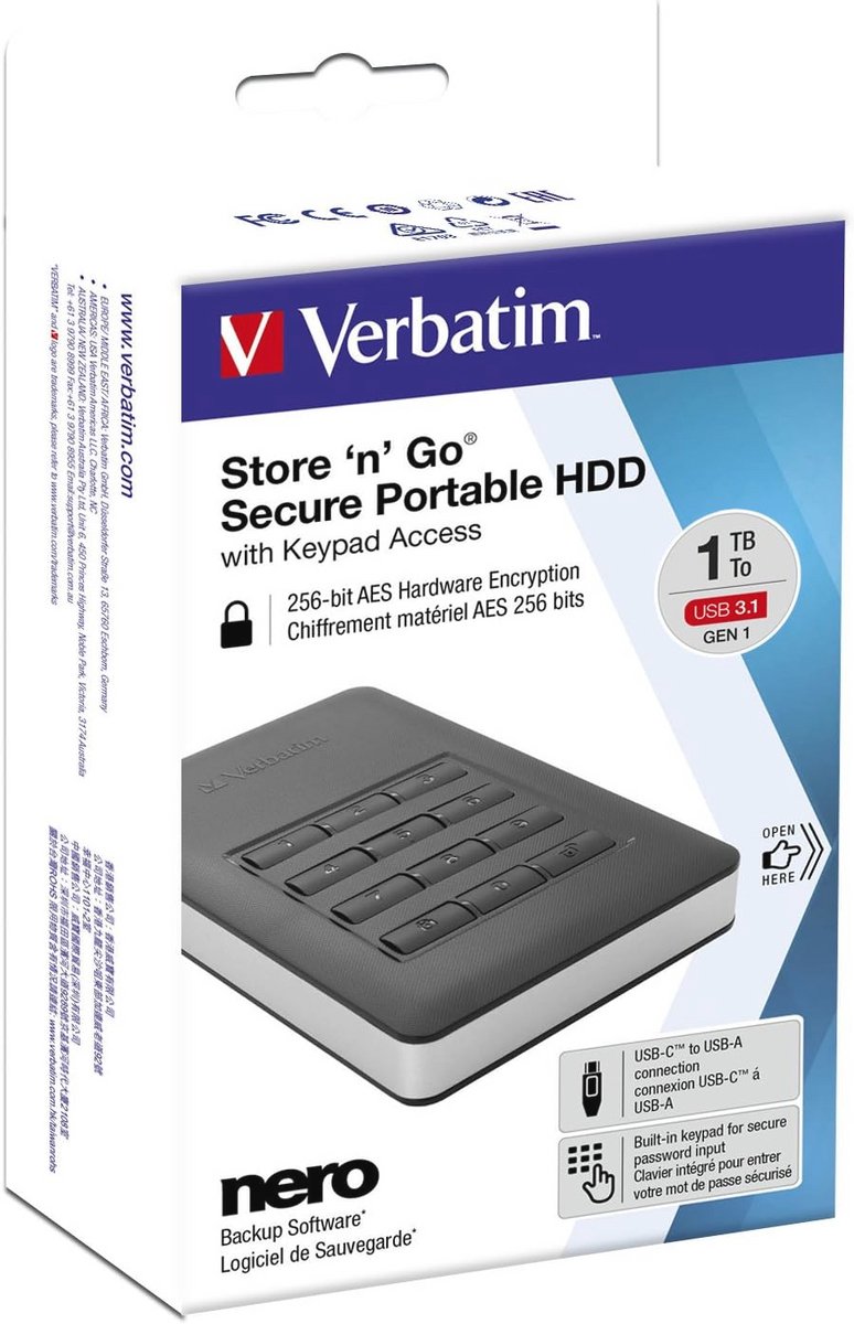 Verbatim Store 'n' Go Secure Portable HDD met Keypad Access 1TB AES 256-bit Encryptie Zwart - afbeelding 6
