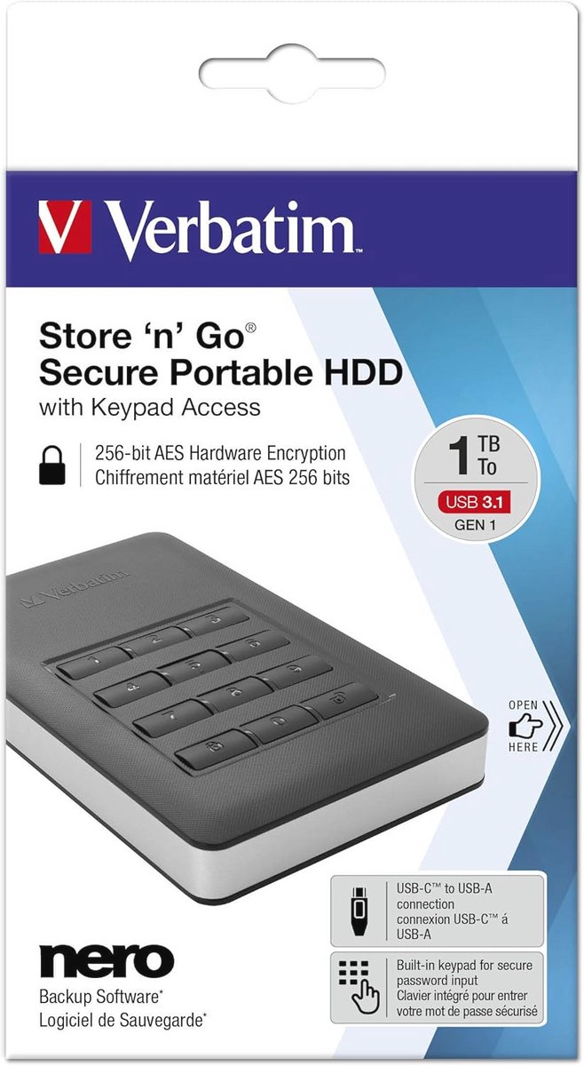 Verbatim Store 'n' Go Secure Portable HDD met Keypad Access 1TB AES 256-bit Encryptie Zwart - afbeelding 7
