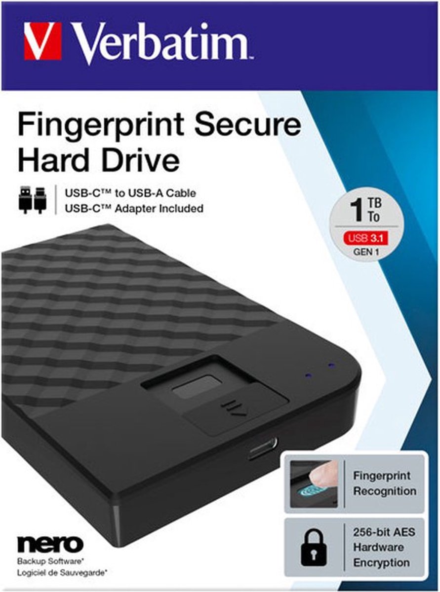 Verbatim Fingerprint Secure Externe Harde Schijf 1000 Gb Zwart externe opslag - afbeelding 3