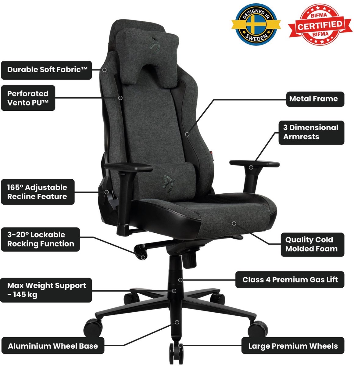 Arozzi vernazza ventotm gamingstoel s 9554959 9 orig - Arozzi Vernazza tot 145 kg Gamingstoel (stof, grijs)