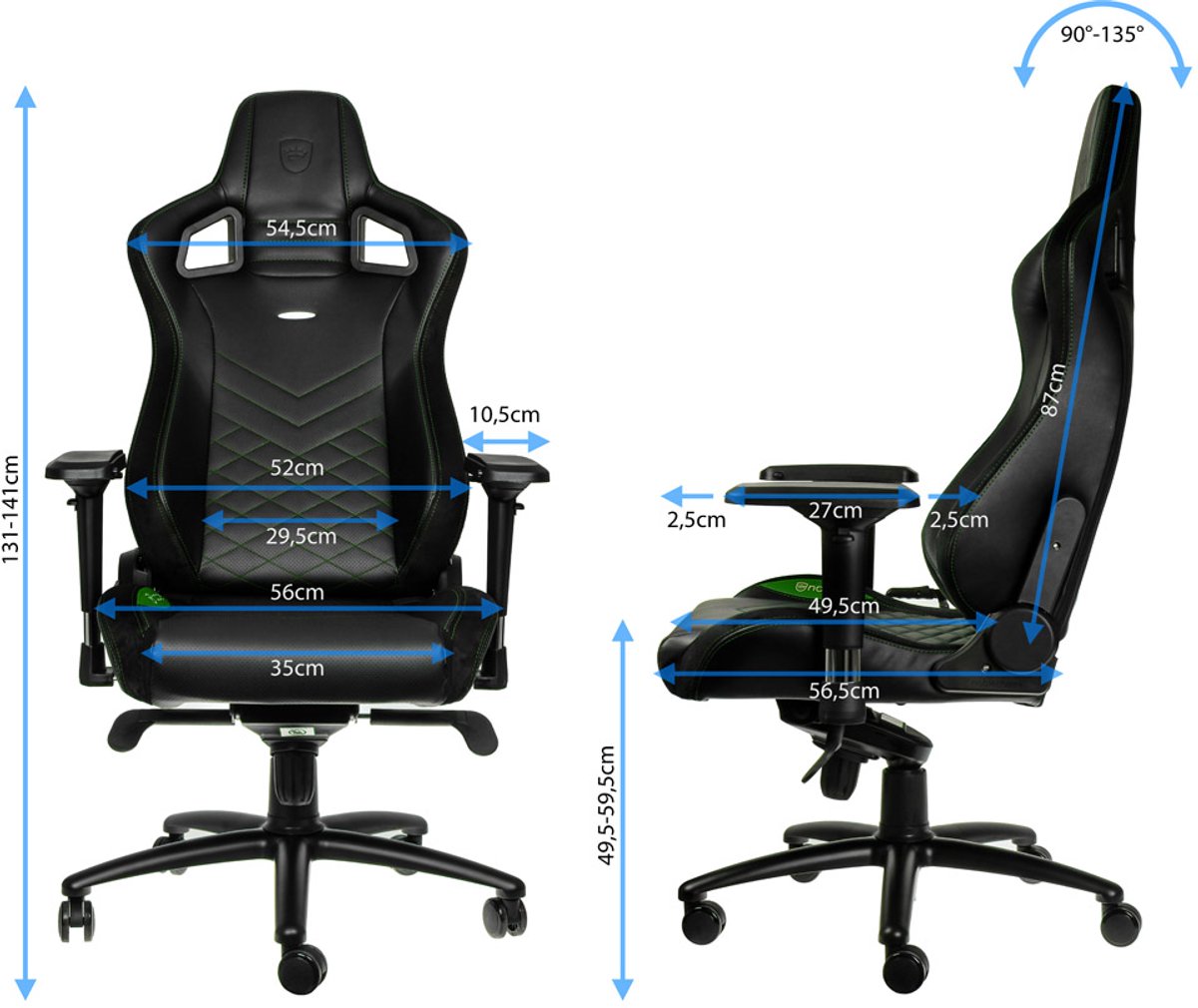 Noblechairs epic series black green 5 orig - Noblechairs Epic Series tot 120 kg Gamingstoel (PU-leer, zwart)