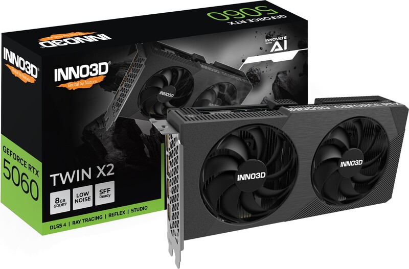 Inno3d geforce rtx 5060 twin x2 v2 2 orig - INNO3D GeForce RTX 5060 TWIN X2 V2 GDDR7 8GB Videokaart (zwart)