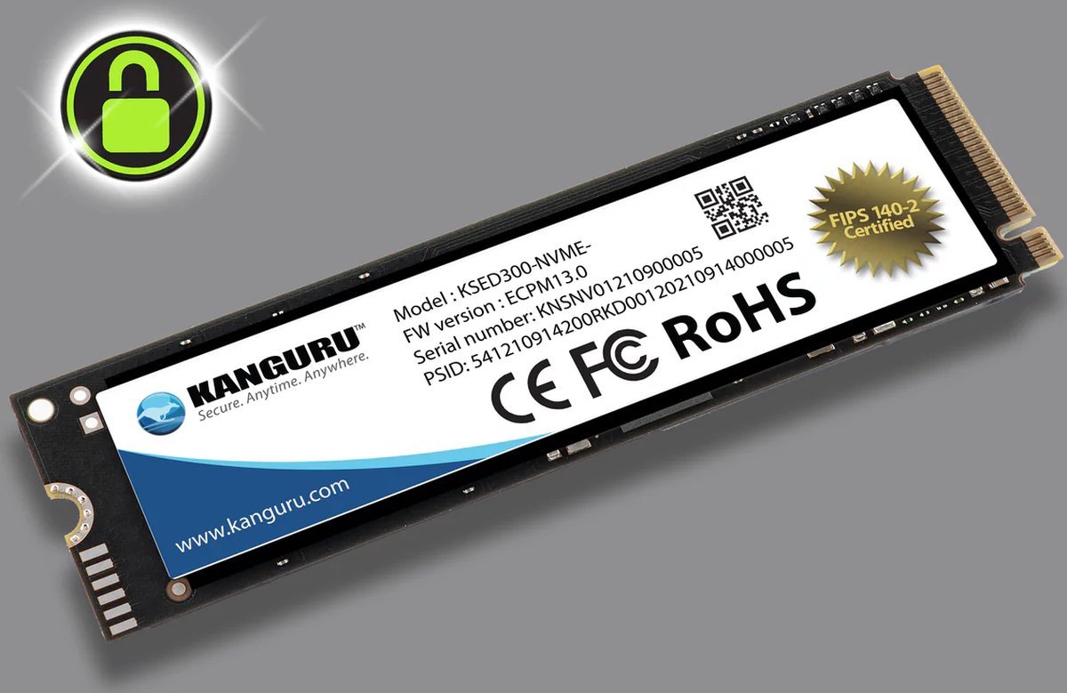 Kanguru Kanguru – Defender Sed300 – 2 Tb – Fips 140-2 – M.2 Nvme – Self-Encrypting Ssd – Opal Compliant - Zwart