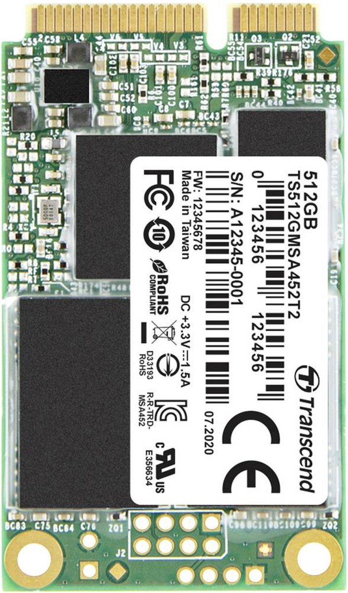 Transcend Transcend Msa452T2 512 Gb Msata Ssd Harde Schijf Sata 6 Gb/S Industrial Ts512Gmsa452T2
