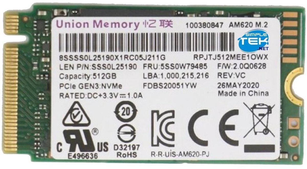Union Union Memory Am620 512Gb Pcie Gen3 X4 Nvme 1.3 M.2 2242 Ssd Solid State Drive Tot 2200Mb/S Oem Lenovo Ssd