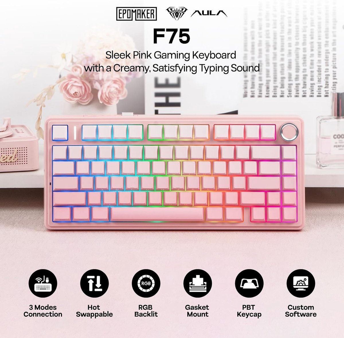 Epomaker x aula f75 roze mechanisch dra 6 orig - EPOMAKER X Aula F75 Toetsenbord (roze)