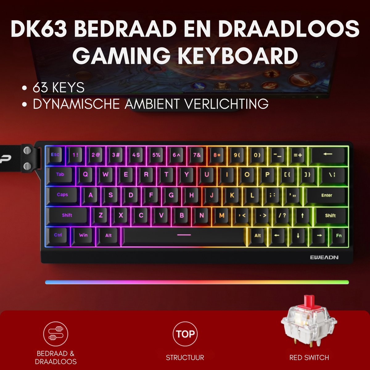 Eweadn dk63 draadloos bedraad mechani 6529130 5 orig - EWEADN Dk63 Draadloos Bedraad Mechanisch Gaming Toetsenbord (zwart)