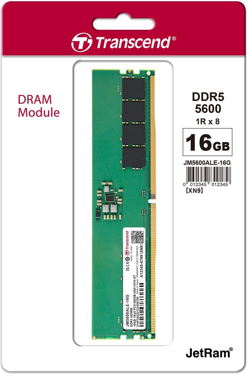 Transcend Transcend Jm5600Ale-16G Jetram - 16Gb - Ddr5 - 5600 Mhz - U-Dimm - 1Rx8 (2Gx8) - Cl46 - 1.1V
