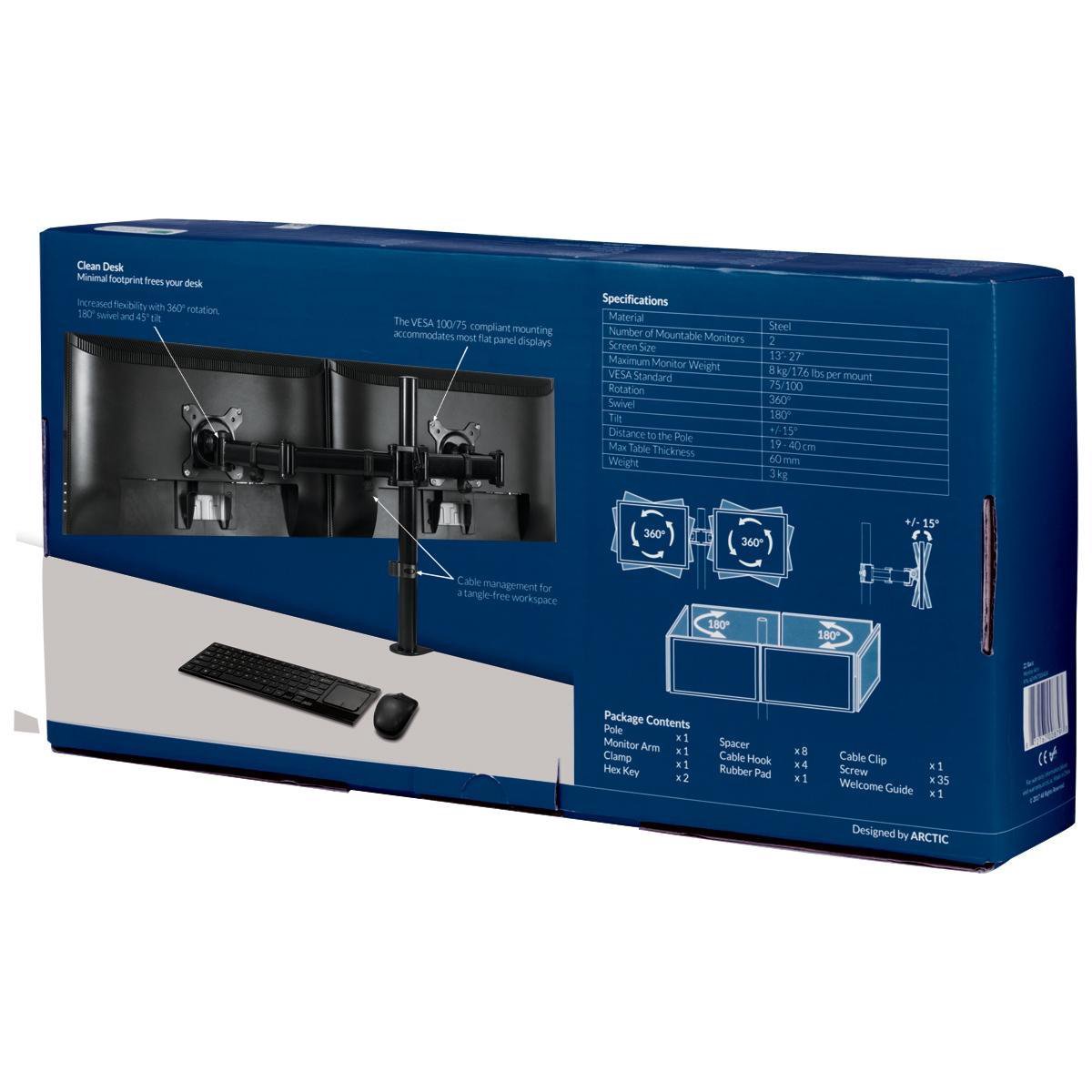 Arctic z2 basic dual monitor arm 9 orig - Arctic Z2 Basic Dual voor 2 schermen tot 28" Bureausteun (zwart)