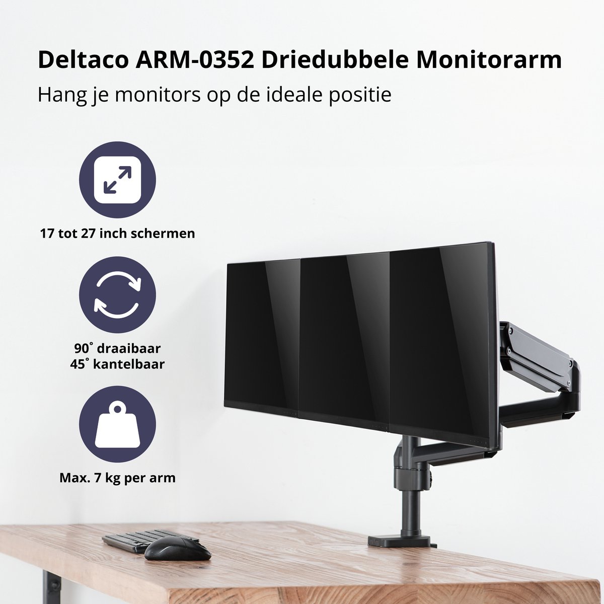 Deltaco arm 0352 monitor arm 3 scherme 2 orig - Deltaco Arm-0352 voor 3 schermen tot 27" Bureausteun (zwart)