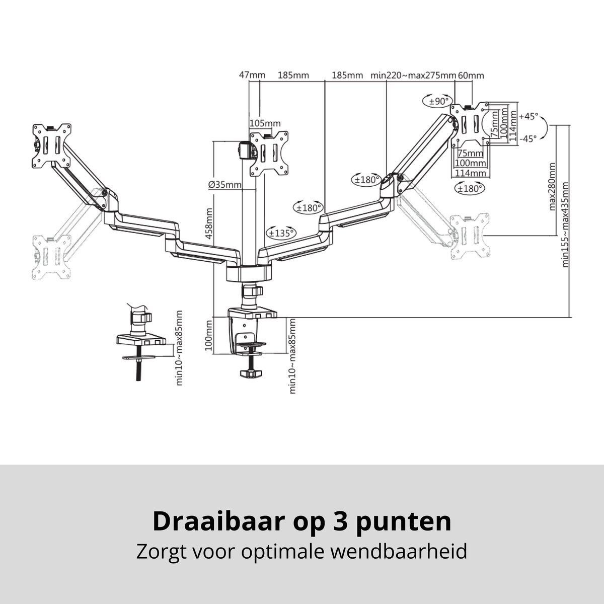 Deltaco arm 0352 monitor arm 3 scherme 6 orig - Deltaco Arm-0352 voor 3 schermen tot 27" Bureausteun (zwart)