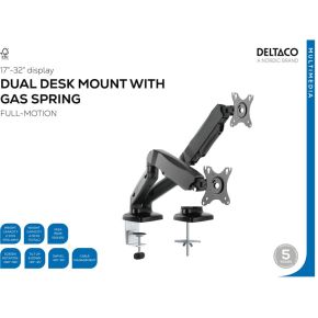 Deltaco arm 1300 32 dual monitor arm 2 orig - Deltaco Arm-1300 voor 2 schermen tot 32" Bureausteun (zwart)
