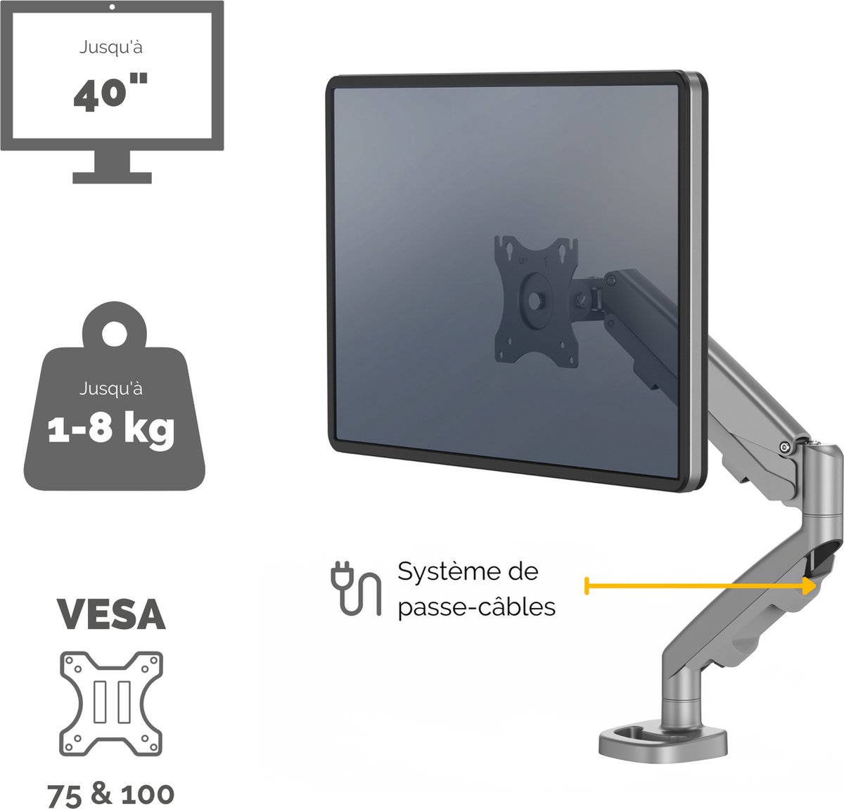 Fellowes enkele monitor arm eppa voor 1 6 orig - Fellowes Enkele tot 40" Bureausteun (zilver)