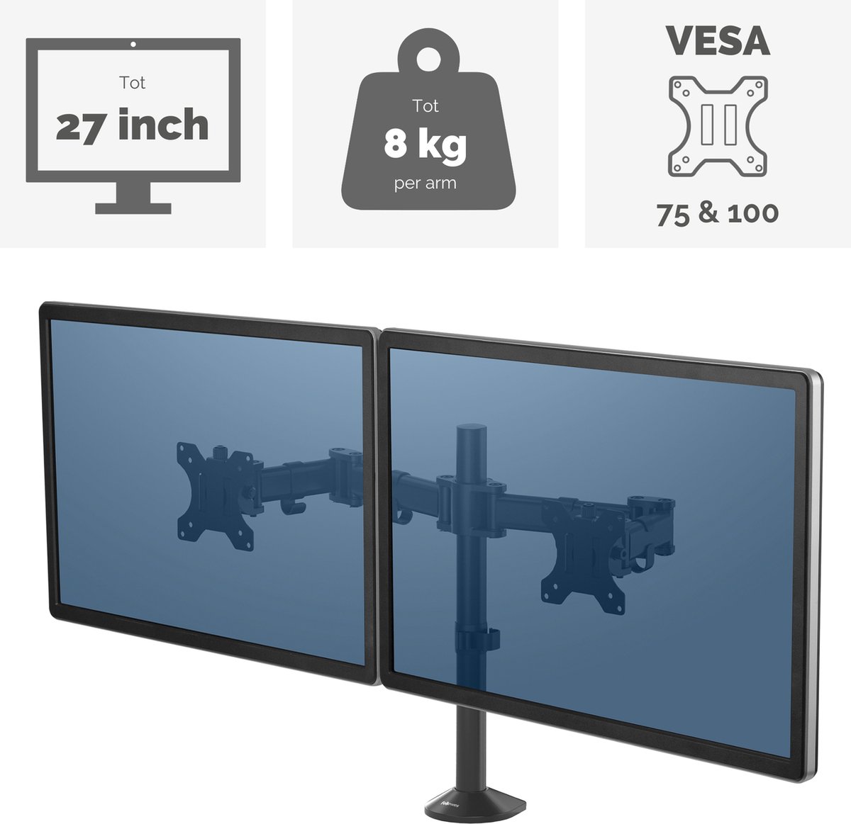 Fellowes reflex dubbele monitor arm 2 s 2 orig - Fellowes Reflex Dubbele voor 2 schermen tot 27" Bureausteun (zwart)