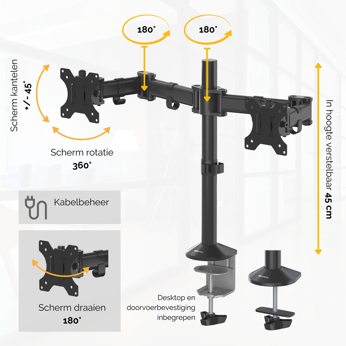 Fellowes reflex dubbele monitor arm 2 s 5 orig - Fellowes Reflex Dubbele voor 2 schermen tot 27" Bureausteun (zwart)