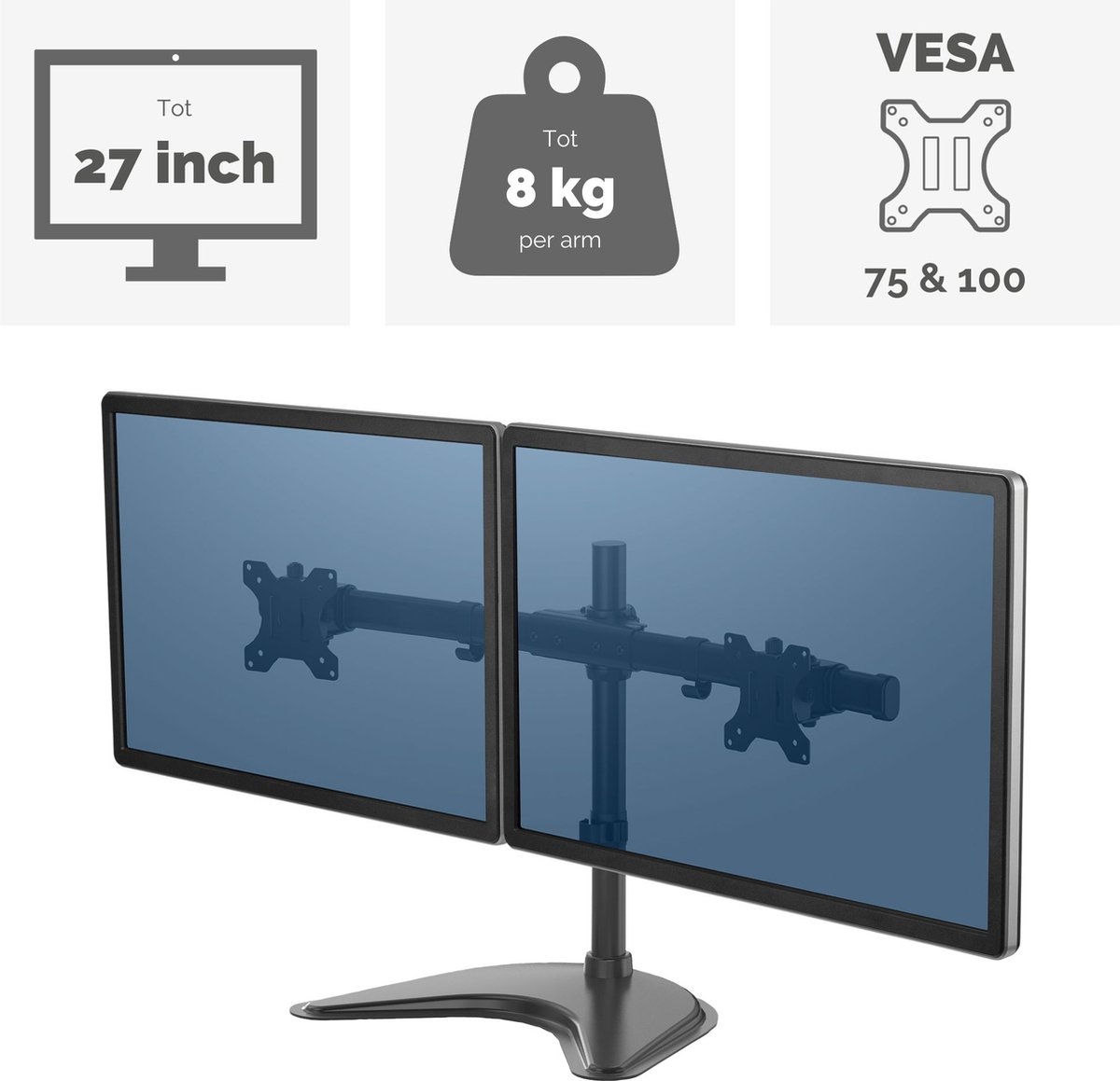 Fellowes seasa monitor arm 2 schermen v 9554335 3 orig - Fellowes Seasa voor 2 schermen tot 27" Monitorstandaard (zwart)