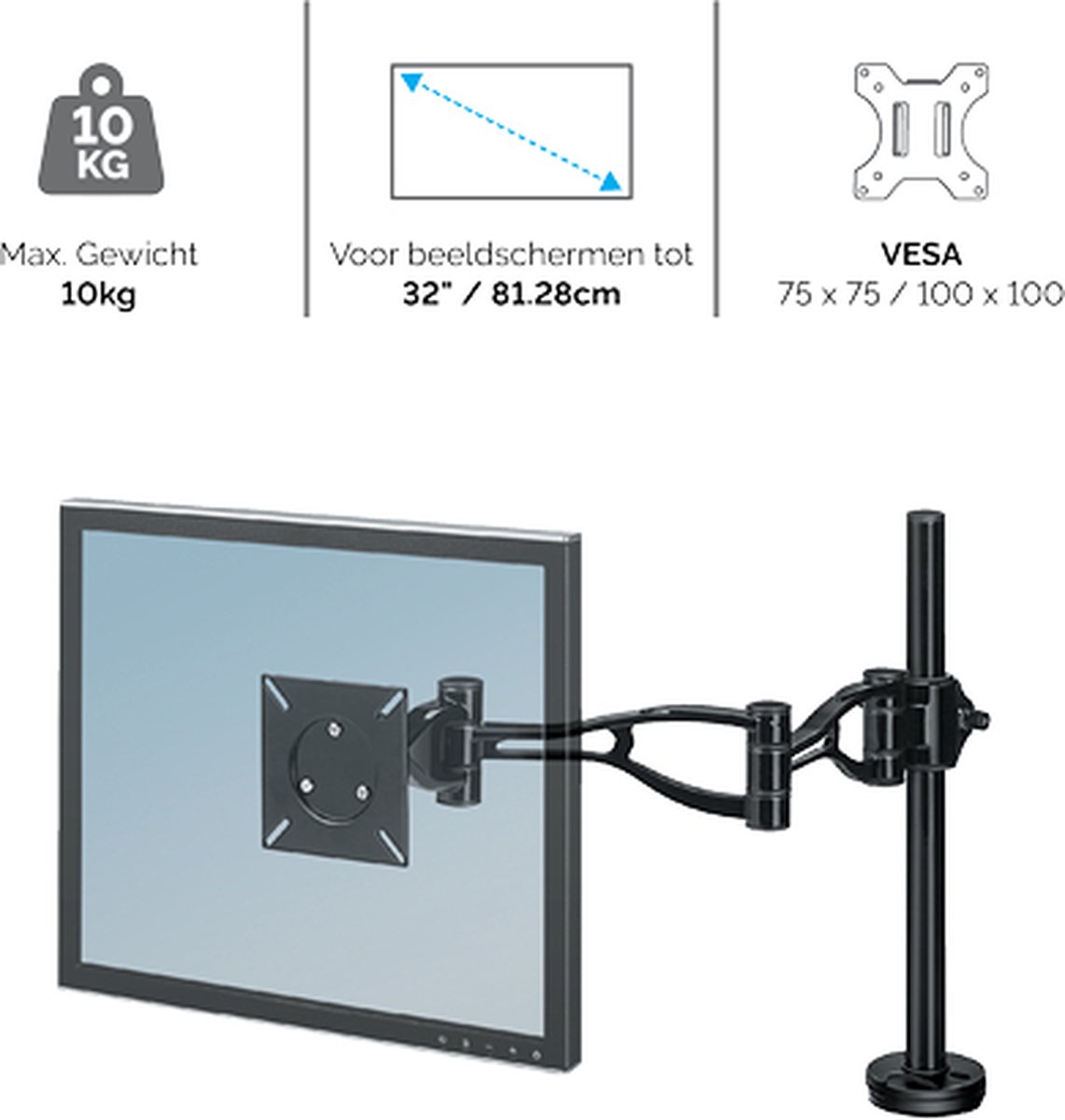 Fellowes vista monitor arm 1 scherm kle 2 orig - Fellowes Vista Monitor Arm 1 Scherm Klem tot 32" Bureausteun (zwart)