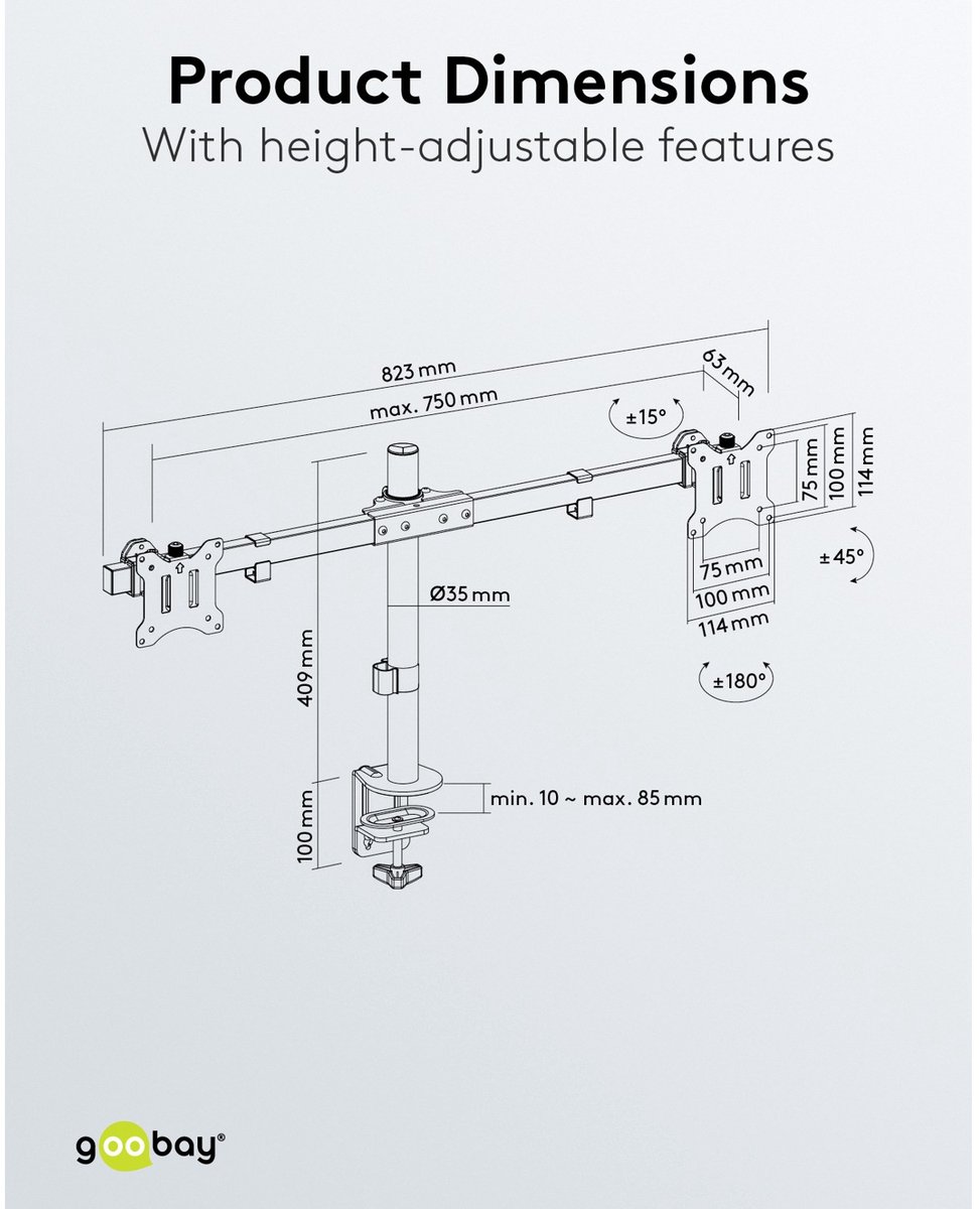 Goobay dubbele monitorbeugel fixed 17 9 orig - Goobay Dubbele voor 2 schermen tot 32" Bureausteun (zwart)
