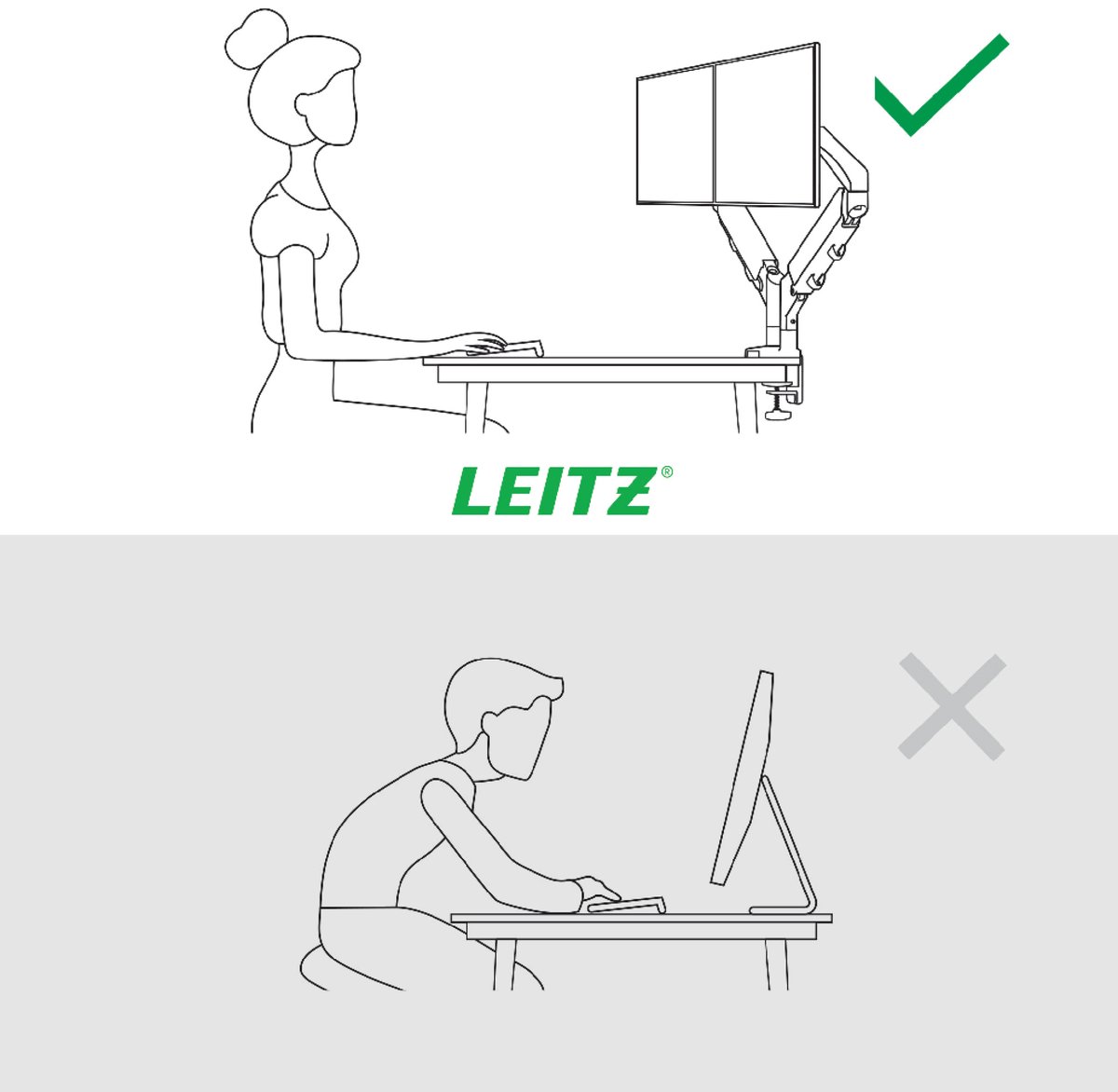 Leitz ergo ruimtebesparende dubbele 9554412 4 orig - Leitz Ergo voor 2 schermen tot 32" Bureausteun (grijs)