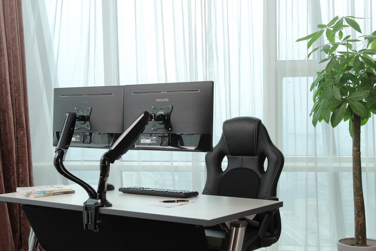 Neomounts bureausteun nm d500dblack beve 3 orig - Neomounts Nm-D500Dblack voor 2 schermen tot 27" Bureausteun (zwart)