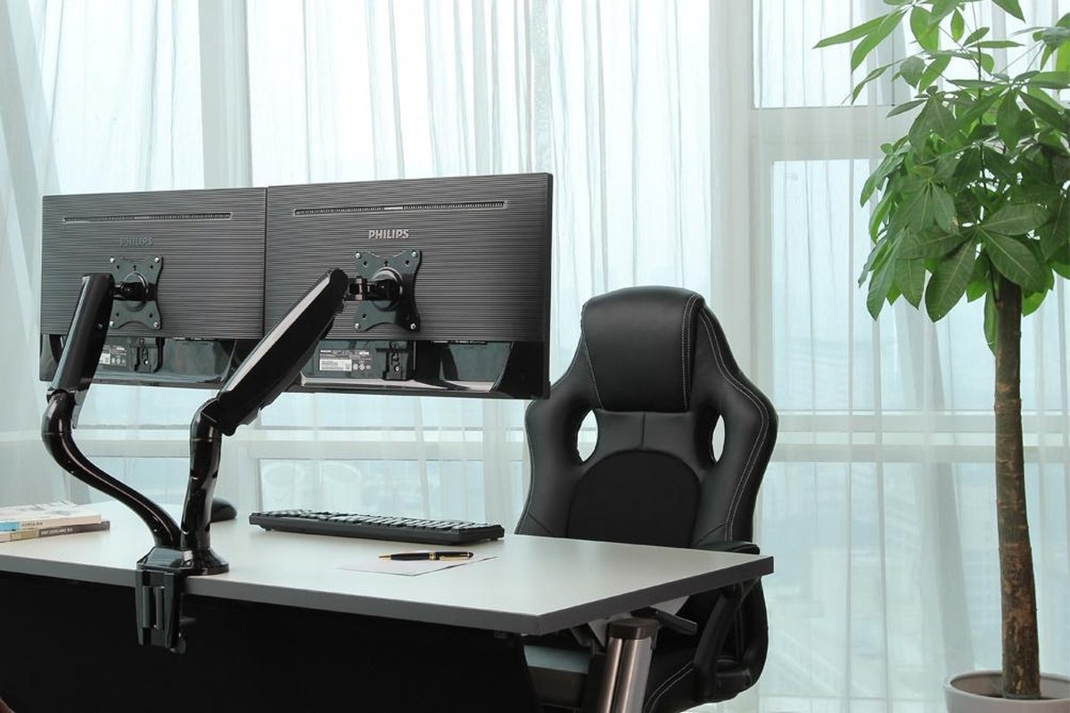 Neomounts bureausteun nm d500dblack beve 9 orig - Neomounts Nm-D500Dblack voor 2 schermen tot 27" Bureausteun (zwart)