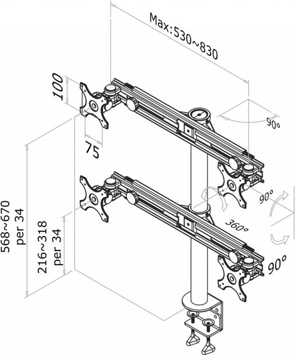 Neomounts fpma d700d4 monitorarm 4 scher 10 orig - Neomounts Fpma-D700D4 voor 4 schermen tot 30" Bureausteun (zwart)
