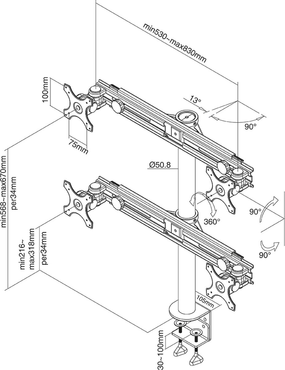 Neomounts fpma d700d4 monitorarm 4 scher 9 orig - Neomounts Fpma-D700D4 voor 4 schermen tot 30" Bureausteun (zwart)