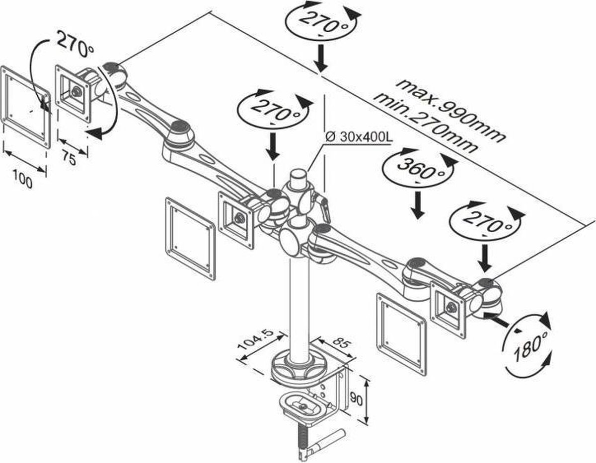 Neomounts fpma d930d monitorarm 2 scherm 7 orig - Neomounts Fpma-D930D voor 2 schermen tot 30" Bureausteun (zilver)