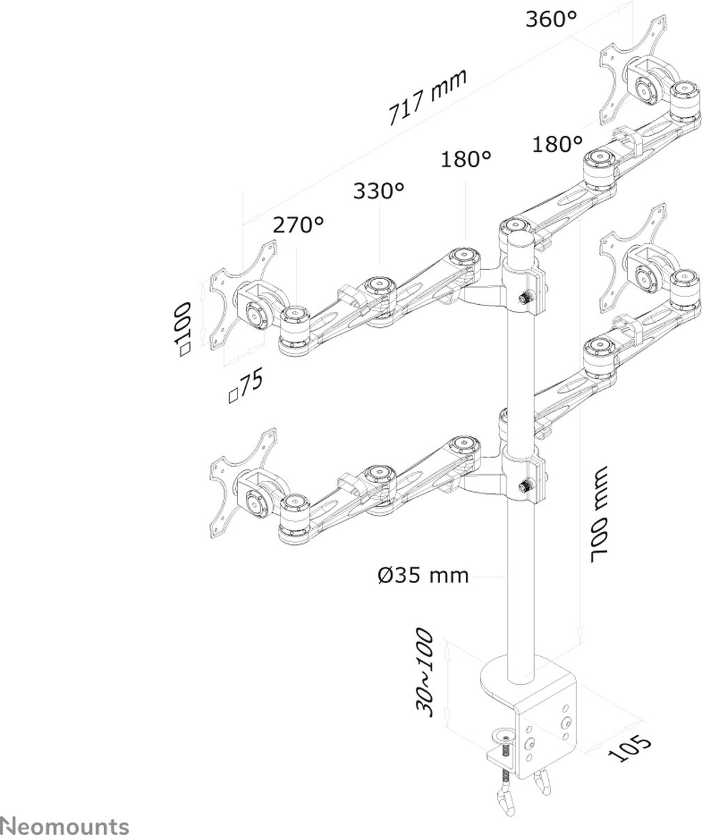 Neomounts fpma d935d4 monitorarm 4 scher 7 orig - Neomounts Fpma-D935D4 voor 4 schermen tot 27" Bureausteun (zilver)