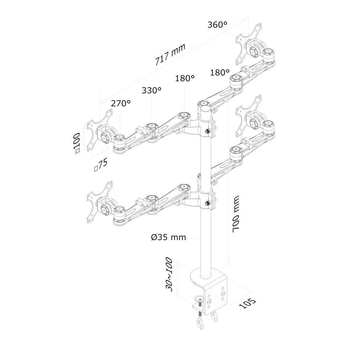 Neomounts fpma d935d4 monitorarm 4 scher 8 orig - Neomounts Fpma-D935D4 voor 4 schermen tot 27" Bureausteun (zilver)