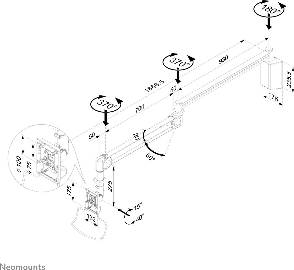 Neomounts fpma haw100hc medische monitor 6 orig - Neomounts Fpma-Haw100Hc Medische Monitorarm tot 32" Muurbeugel (wit)
