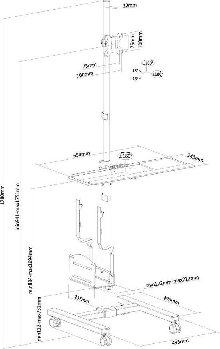 Neomounts fpma mobile1700 mobiel werksta 10 orig - Neomounts Fpma-Mobile1700 Mobiel tot 32" Monitorstandaard (zwart)