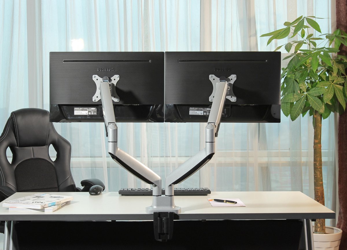 Neomounts nm d750dsilver monitorarm 2 sc 3 orig - Neomounts Nm-D750Dsilver voor 2 schermen tot 32" Bureausteun (zilver)
