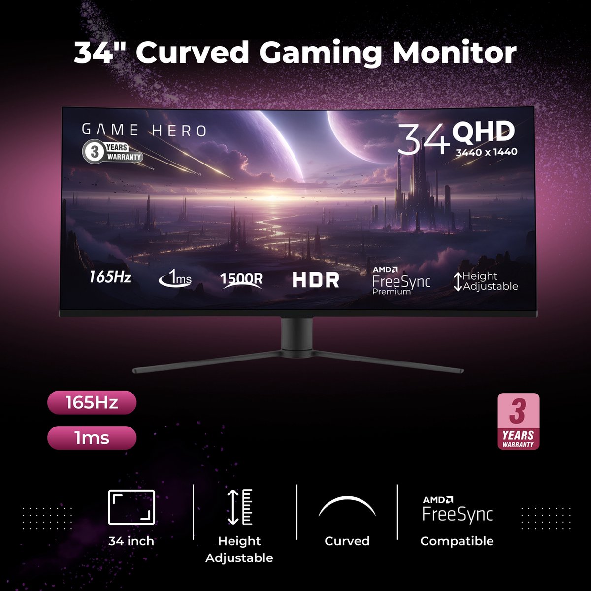 Game Hero® 34 Inch Ultrawide Curved Gaming Monitor Zwart - 165 Hz - 1Ms - afbeelding 2