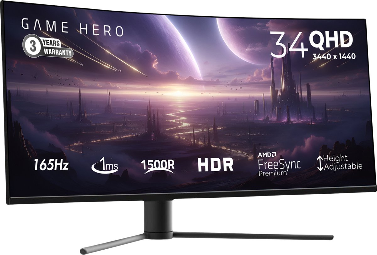 Game Hero® 34 Inch Ultrawide Curved Gaming Monitor Zwart - 165 Hz - 1Ms - afbeelding 7