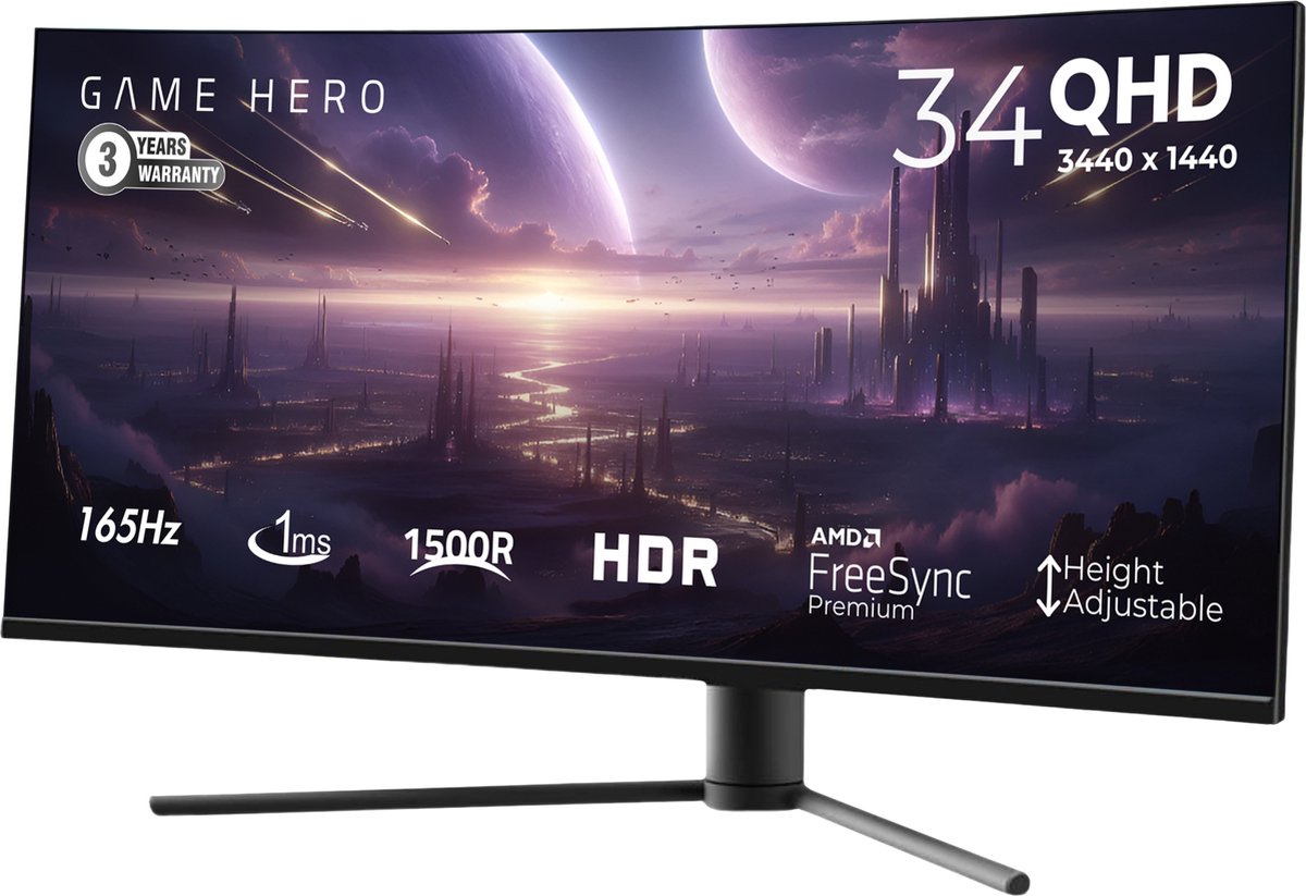 Game Hero® 34 Inch Ultrawide Curved Gaming Monitor Zwart - 165 Hz - 1Ms - afbeelding 9