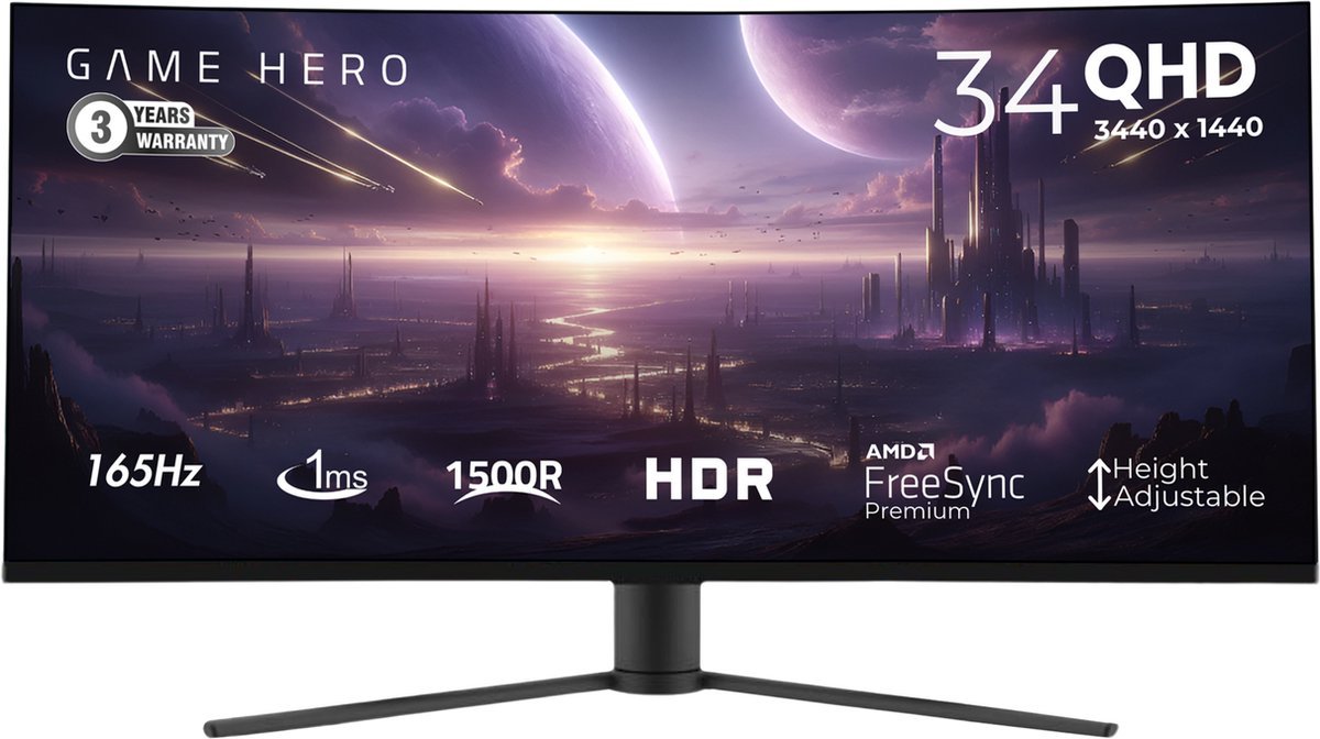 GAME Game Hero® 34 Inch Ultrawide Curved Gaming Monitor Zwart - 165 Hz - 1Ms