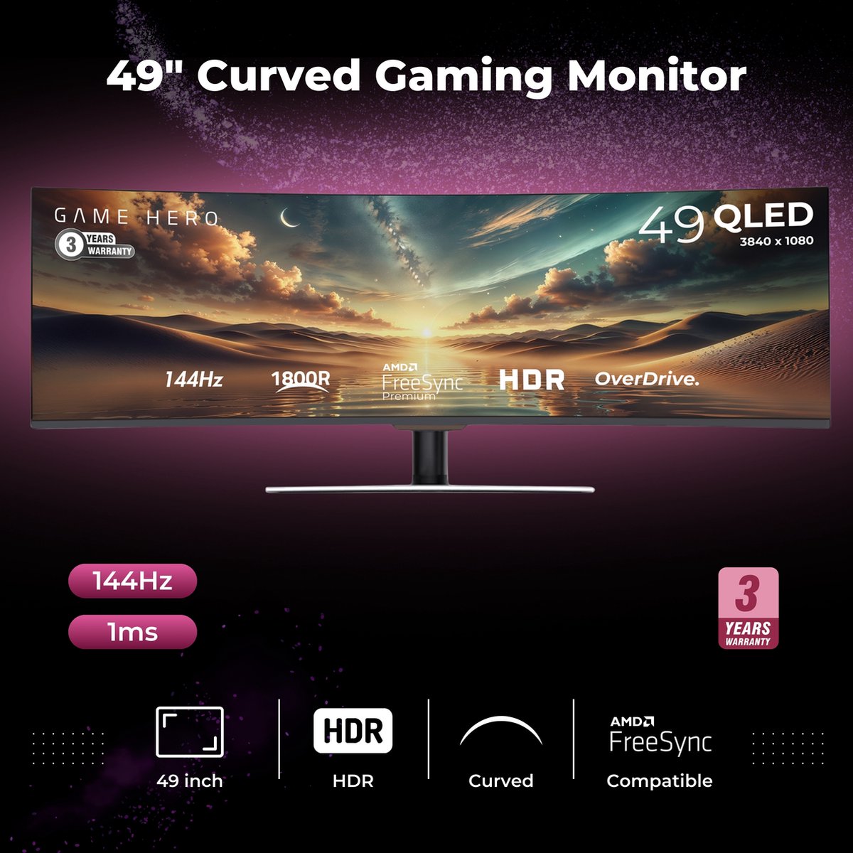 Game Hero® 49 Inch Ultrawide Double Full Hd Qled Va Monitor - 144Hz - afbeelding 2