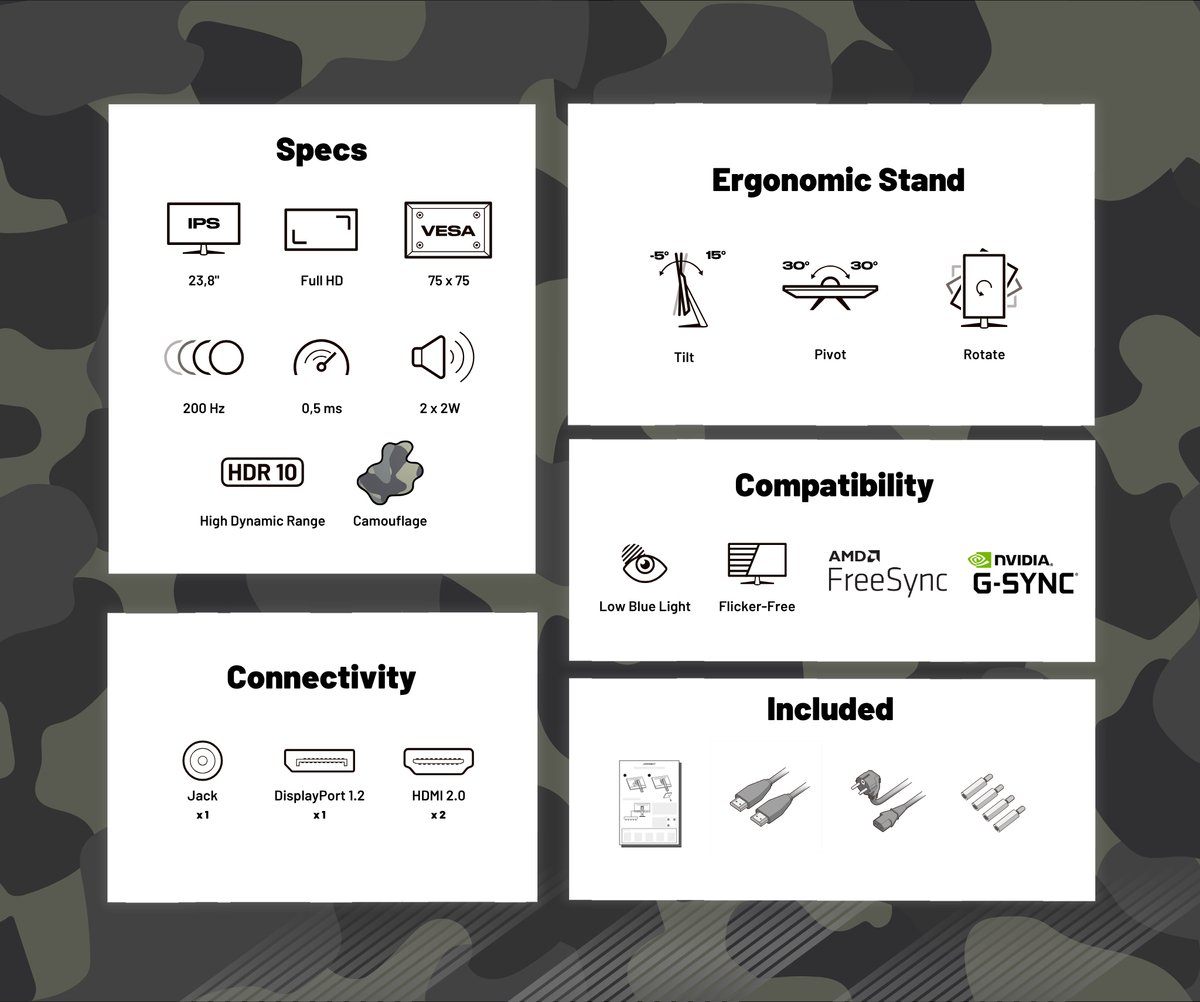Japannext Gaming Monitor 23.8" Ips Full Hd (1920X1080) 200Hz 0.5Ms Camo | - afbeelding 9