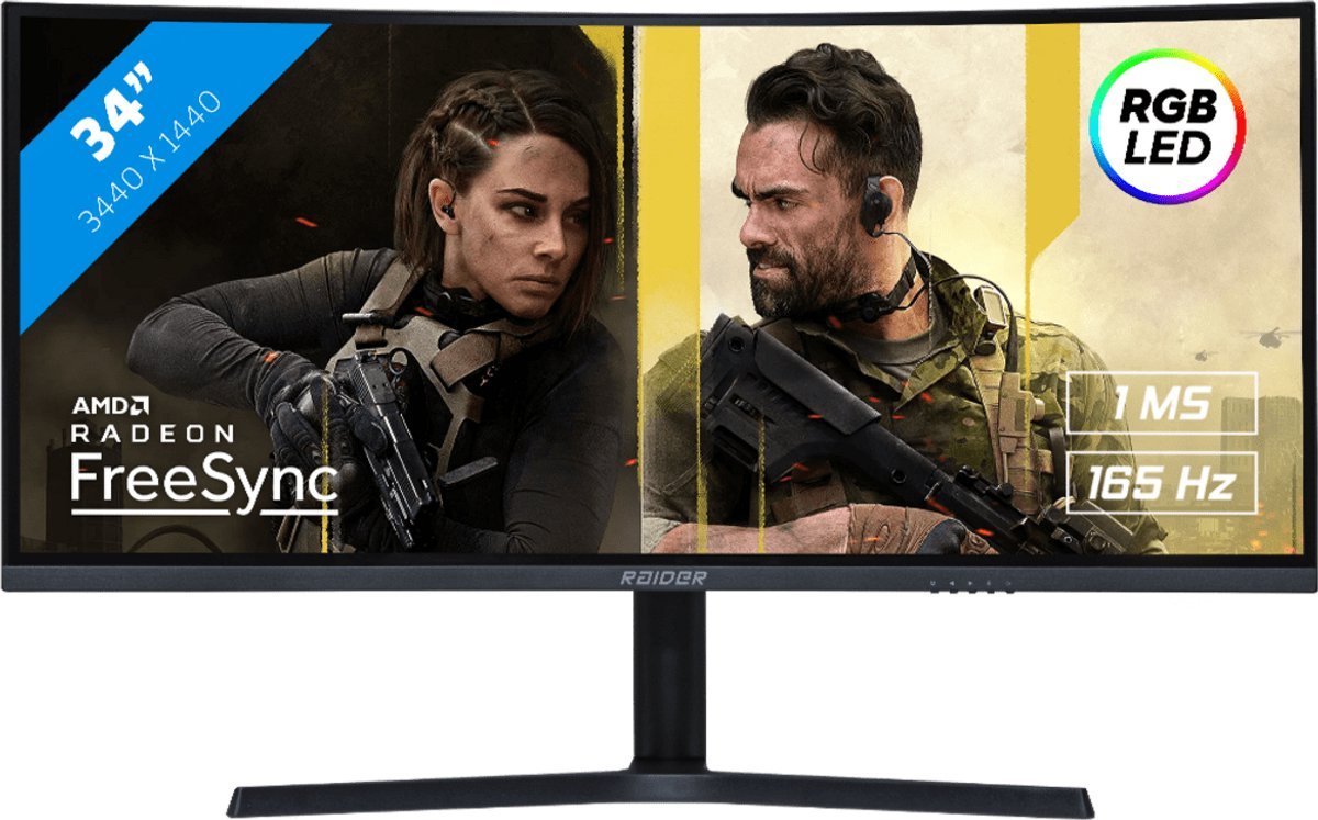 RAIDER Raider 34 Inch Ultra Wide Gaming Monitor - 165Hz - 34 Inch - Wqhd (3440X1440) - Curved - 1 Ms - Freesync/G-Sync - Zwart