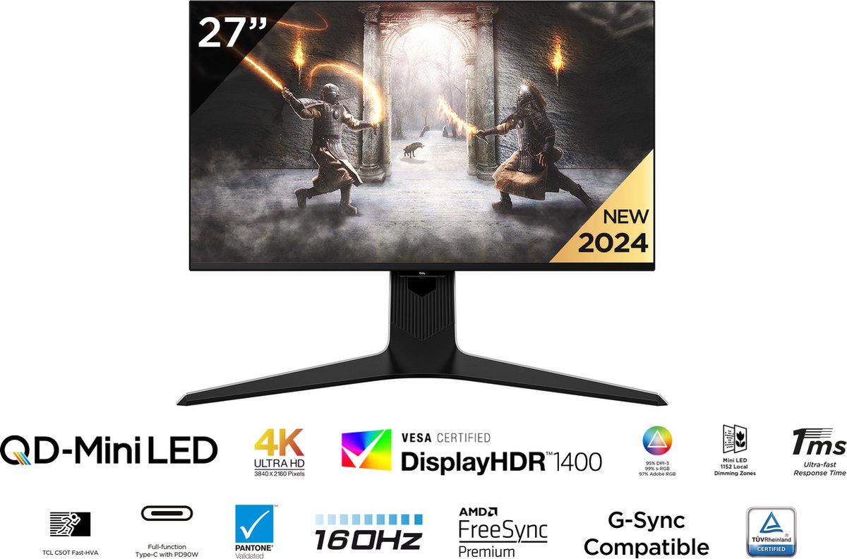Tcl 27R83U - 4K Mini Led Gaming Monitor - Qled - Hdr 1400 - 160Hz - Usb-C 90W - - afbeelding 2