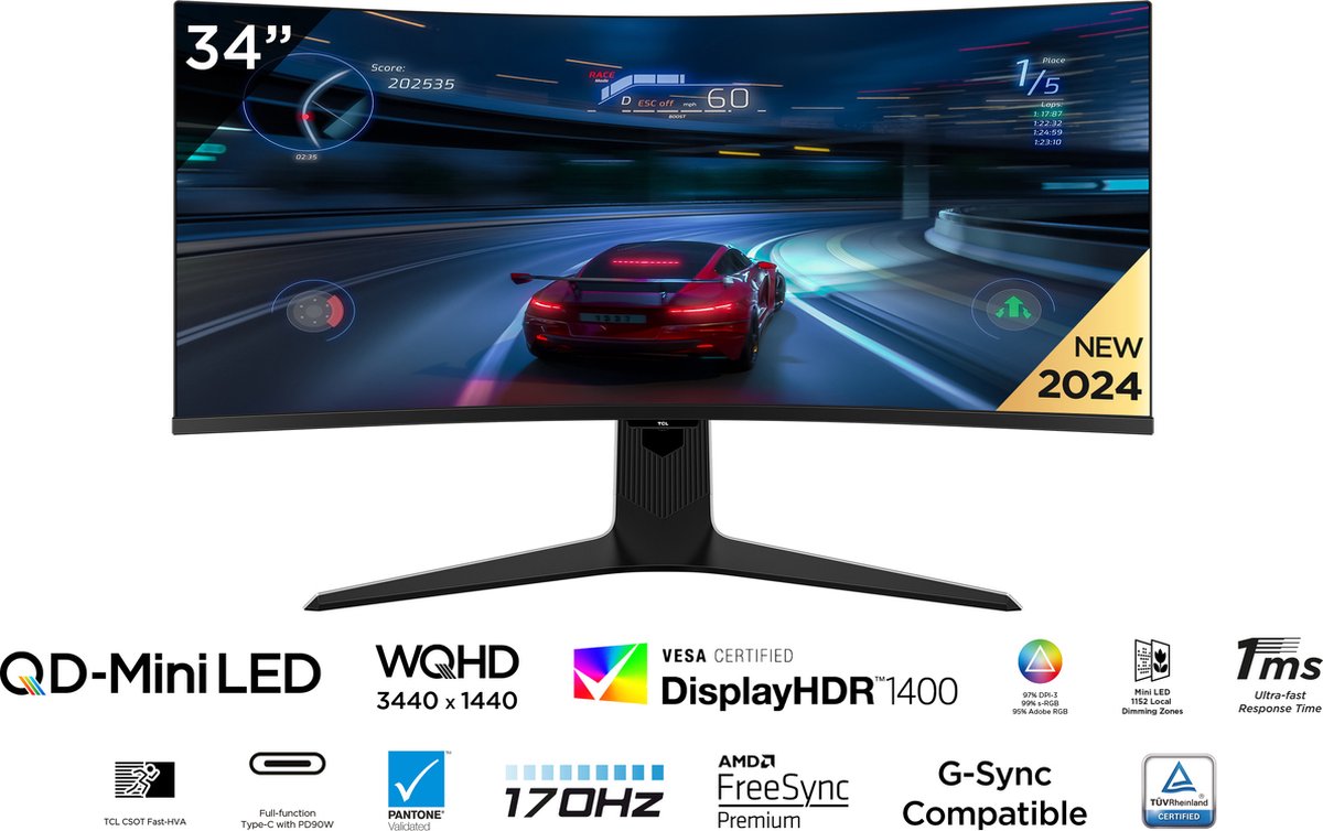 Tcl 34R83Q - Ultrawide Qhd Mini Led Gaming Monitor - Qled - Hdr1600 - Usb-C 90W - afbeelding 9