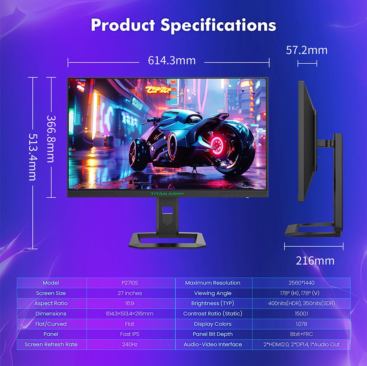 Titan army p2510g computer monitor 6 3 orig - TITAN Army P2710S Gamingmonitor, 2560*1440 240 Hz 27" Monitor (Black)