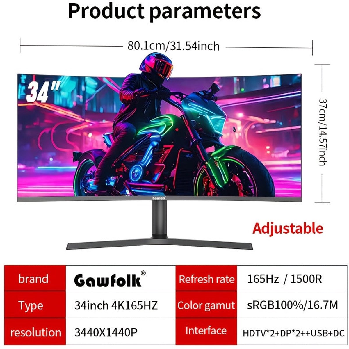 34 inch Curved Gaming Monitor UWQHD 165Hz - afbeelding 3