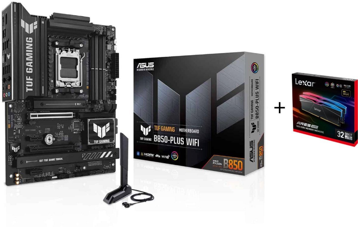 ASUS Asus Tuf Gaming B850-Plus Wifi Moederbord + Lexar Ares Rgb 32Gb Ddr5 6000Mhz Cl28 Ram Bundel – Am5, Atx, Wifi, 8000Mhz (Oc)