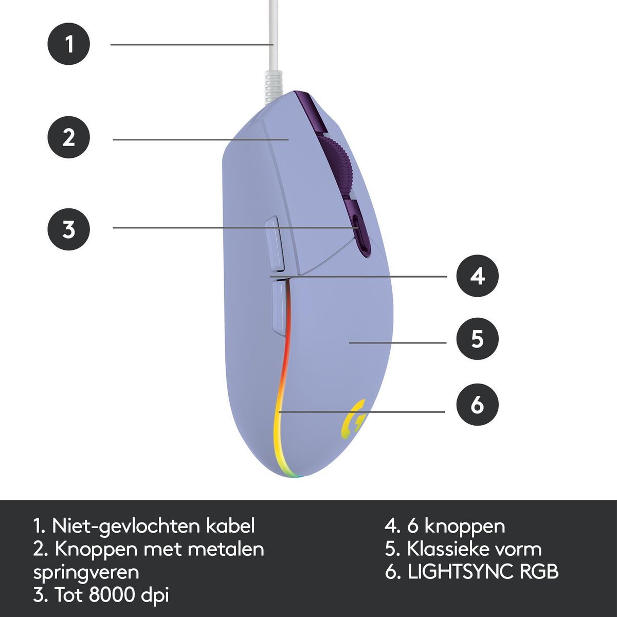 Logitech G203 Lightsync - Gaming Muis - Rgb Verlichting - Lila - afbeelding 9